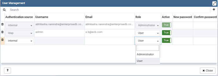 pgAdmin user management window add new user