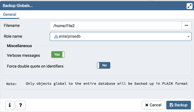 Backup globals dialog