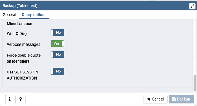 Miscellaneous option on backup dialog