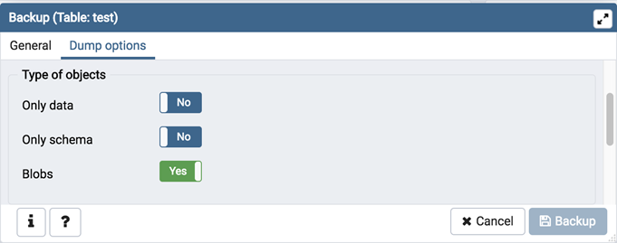 Type of objects option on backup dialog