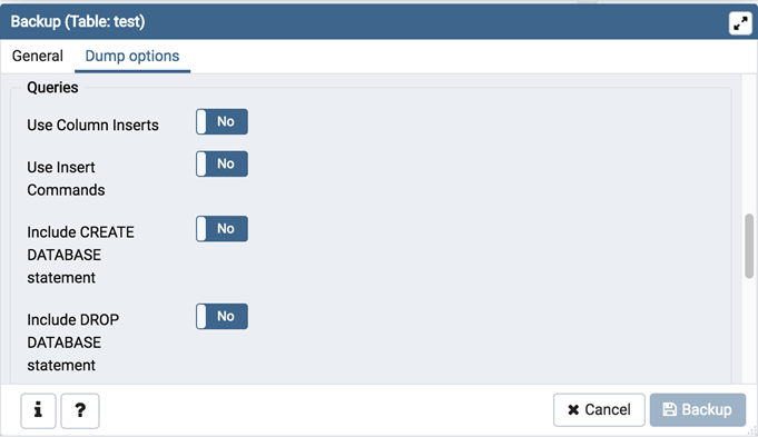 Queries option on backup dialog