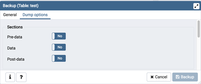 Sections option on backup dialog