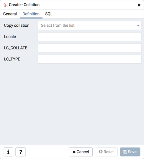 Collation dialog definition tab