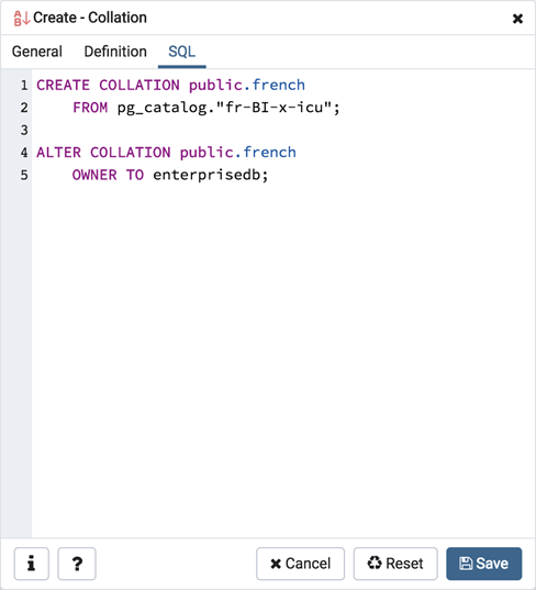 Collation dialog sql tab