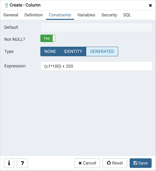 Column dialog constraints tab