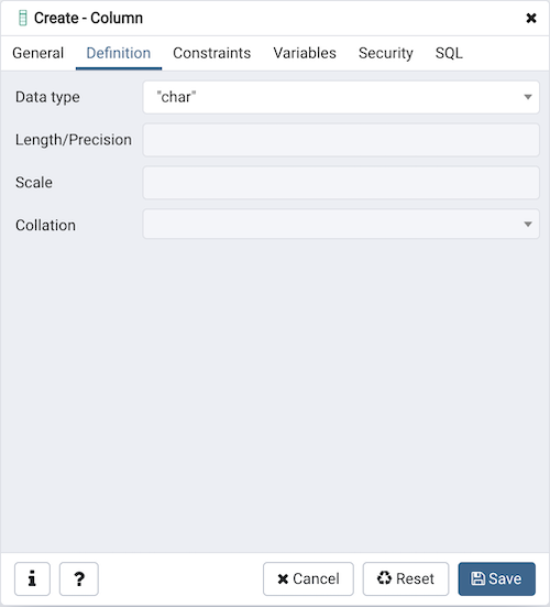Column dialog definition tab