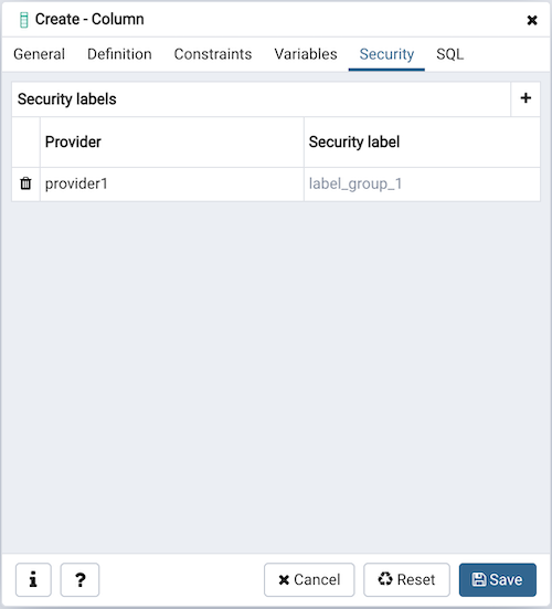 Column dialog security tab