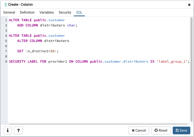 Column dialog sql tab