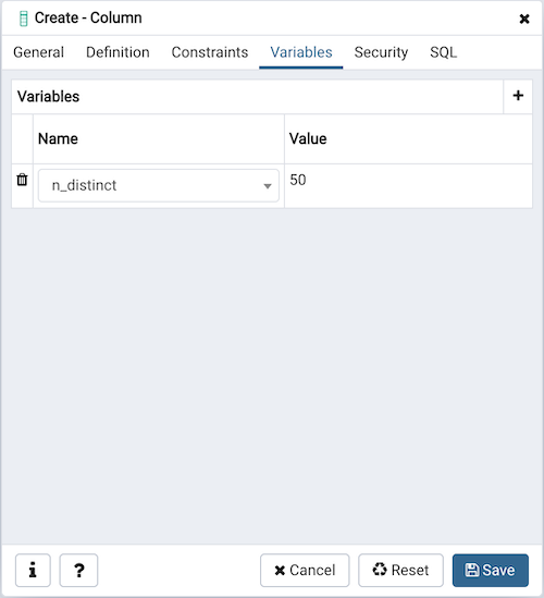 Column dialog variables tab