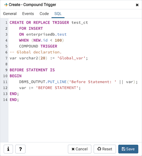 Compound Trigger dialog sql tab