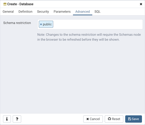 Database dialog advanced tab