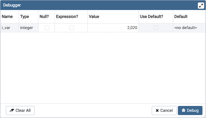 Debugger parameter dialog