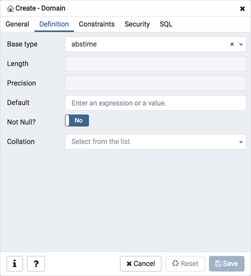 Domain dialog definition tab