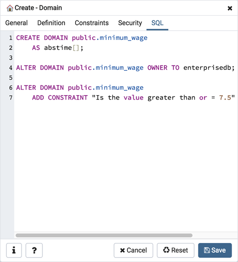 Domain dialog sql tab