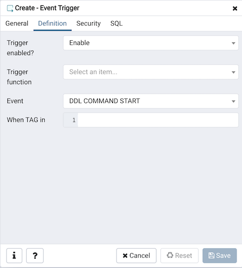 Event trigger dialog definition tab
