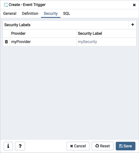 Event trigger dialog security tab