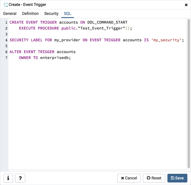 Event trigger dialog sql tab