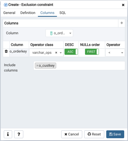 Exclusion constraint dialog columns tab