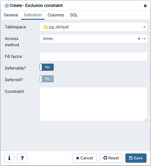 Exclusion constraint dialog definition tab