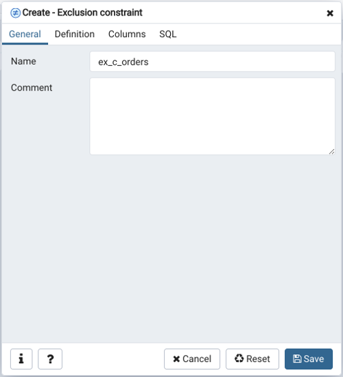 Exclusion constraint dialog general tab