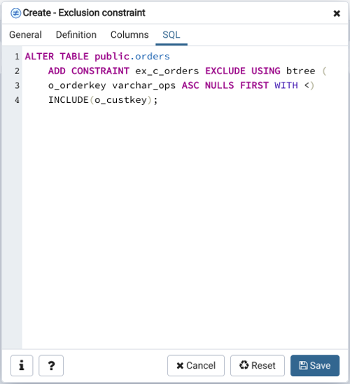 Exclusion constraint dialog sql tab