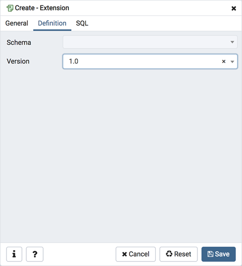 Extension dialog definition tab