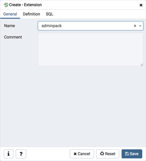 Extension dialog general tab