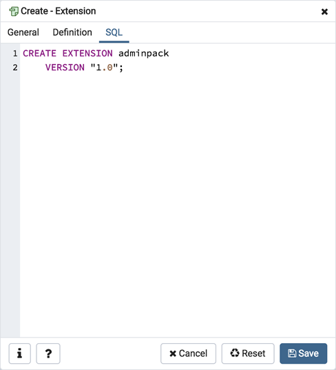 Extension dialog sql tab