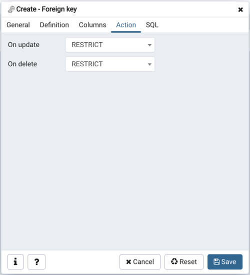 Foreign key dialog action tab