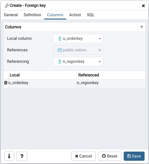 Foreign key dialog columns tab