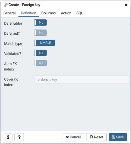 Foreign key dialog definition tab