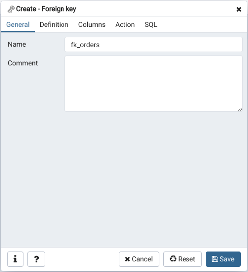 Foreign key dialog general tab