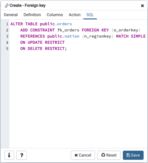 Foreign key dialog sql tab