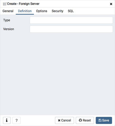 Foreign server dialog definition tab