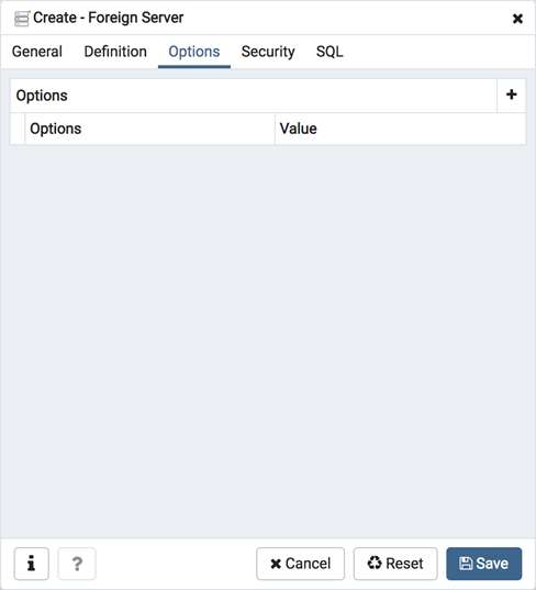 Foreign server dialog options tab