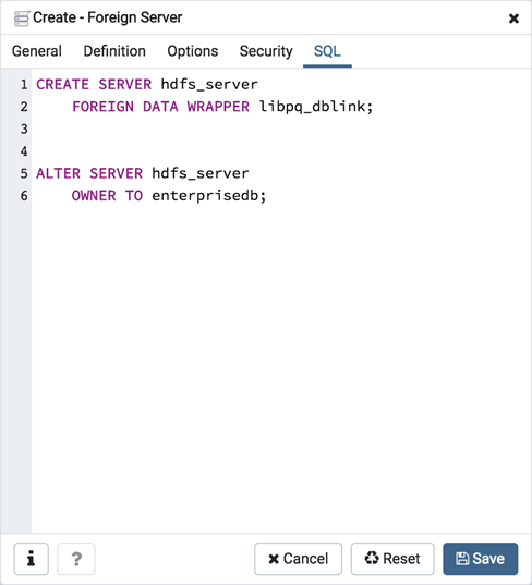 Foreign server dialog sql tab