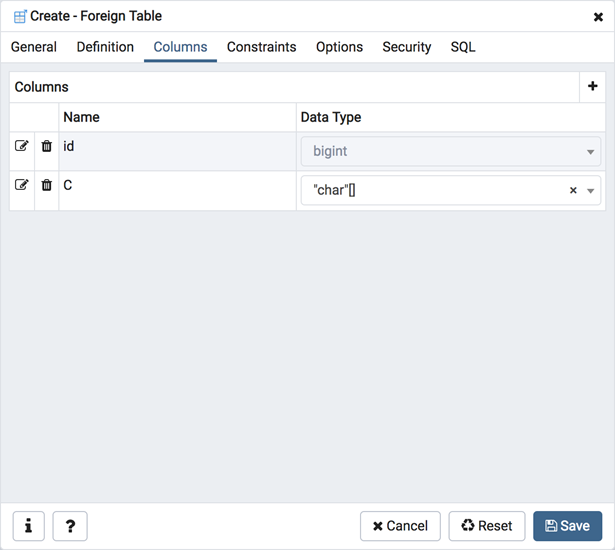 Foreign table dialog columns tab
