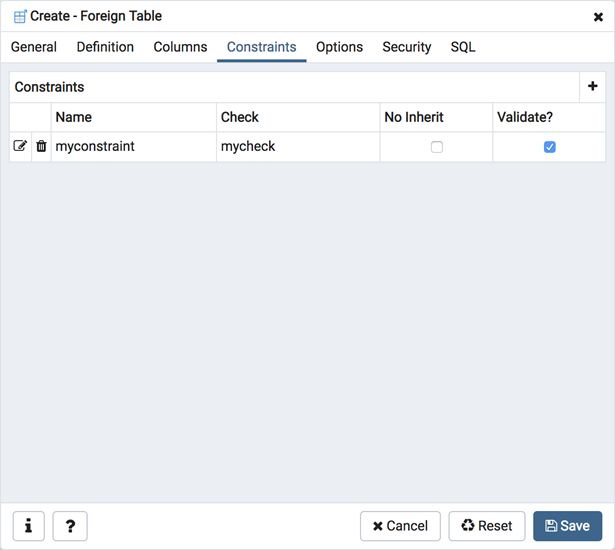 Foreign table dialog constraints tab