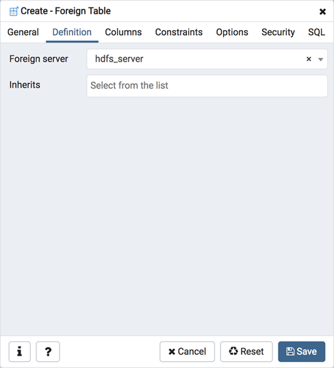 Foreign table dialog definition tab