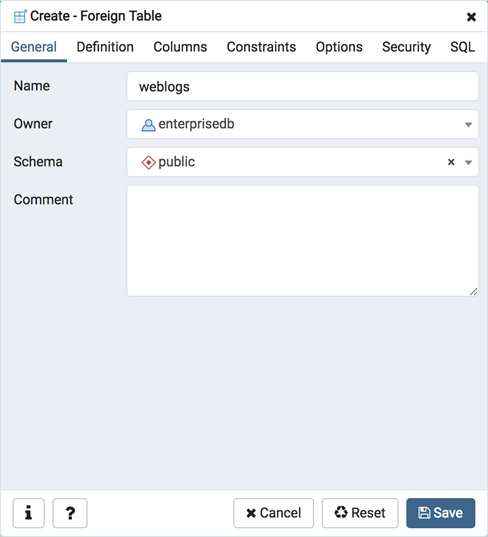 Foreign table dialog general tab