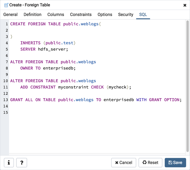 Foreign table dialog sql tab