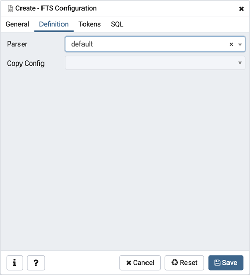 FTS configuration dialog definition tab