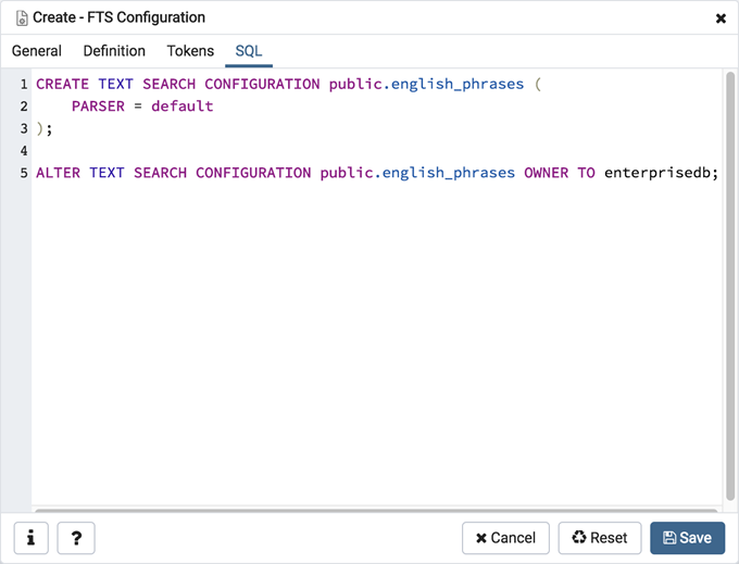 FTS configuration dialog sql tab