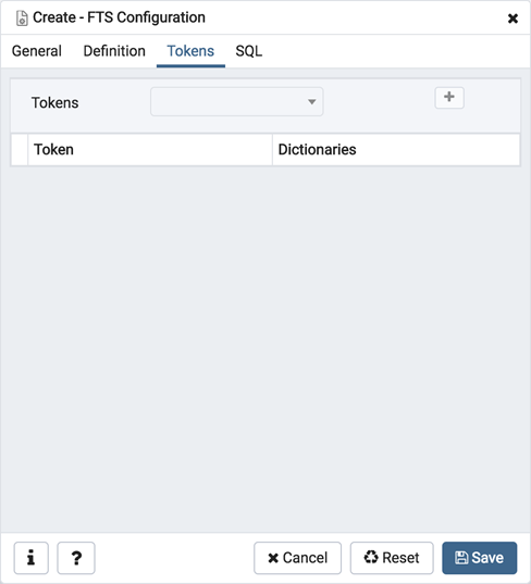 FTS configuration dialog tokens tab