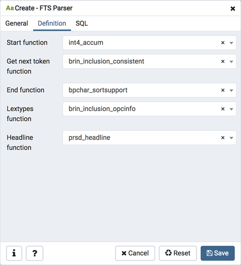 FTS parser dialog definition tab