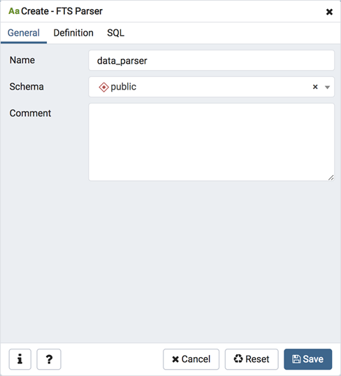 FTS parser dialog general tab