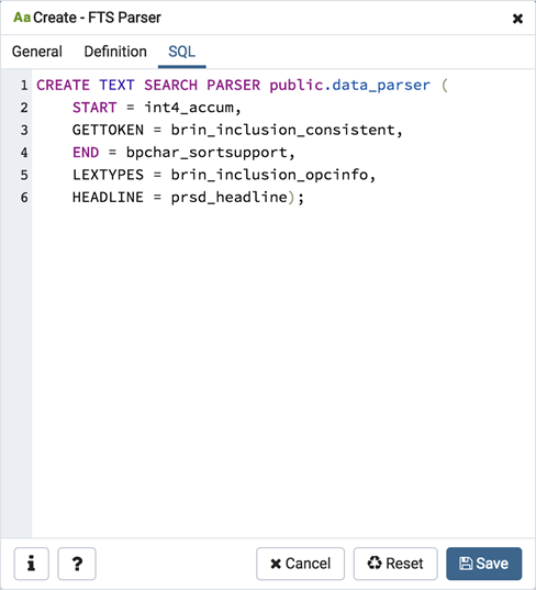 FTS parser dialog sql tab