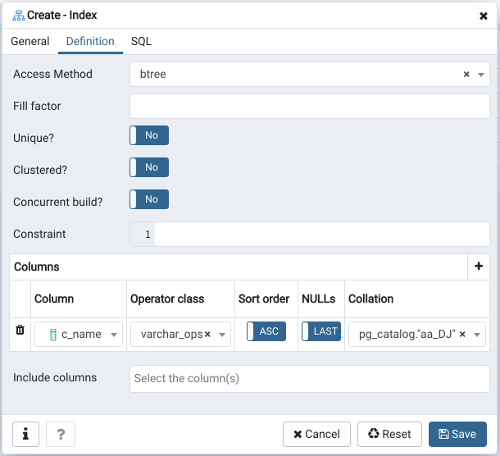 Index dialog definition tab