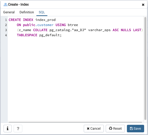 Index dialog sql tab