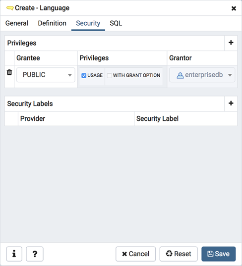 Language dialog security tab